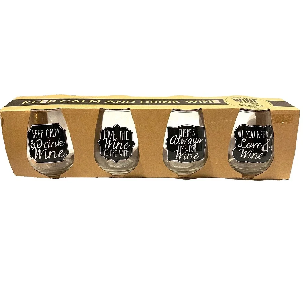 TMD holdings set of 4 stemless wine glasses 16 OZ keep calm‎ always time love